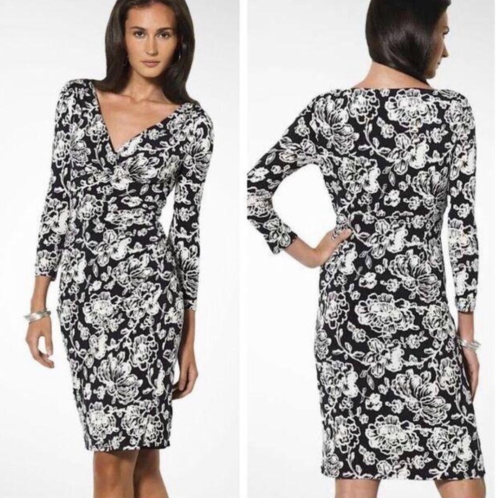 LAUREN RALPH LAUREN Black And White Floral Faux Wrap Dress Size 6P